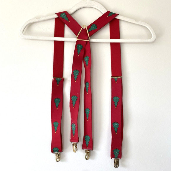 Vintage CAS West Germany Mens Suspenders Elastic Red Christmas Tree - Picture 1 of 10